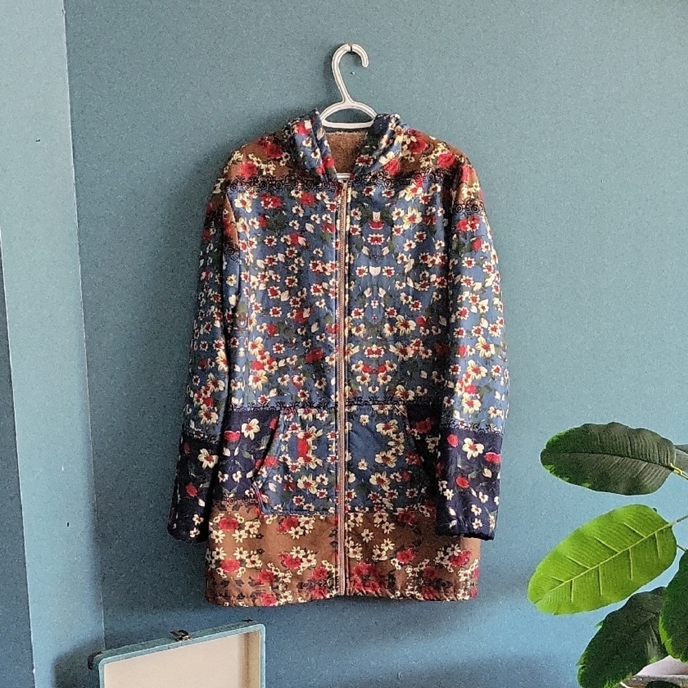 Floral Women's Puffer Jacket - Blue and Brown